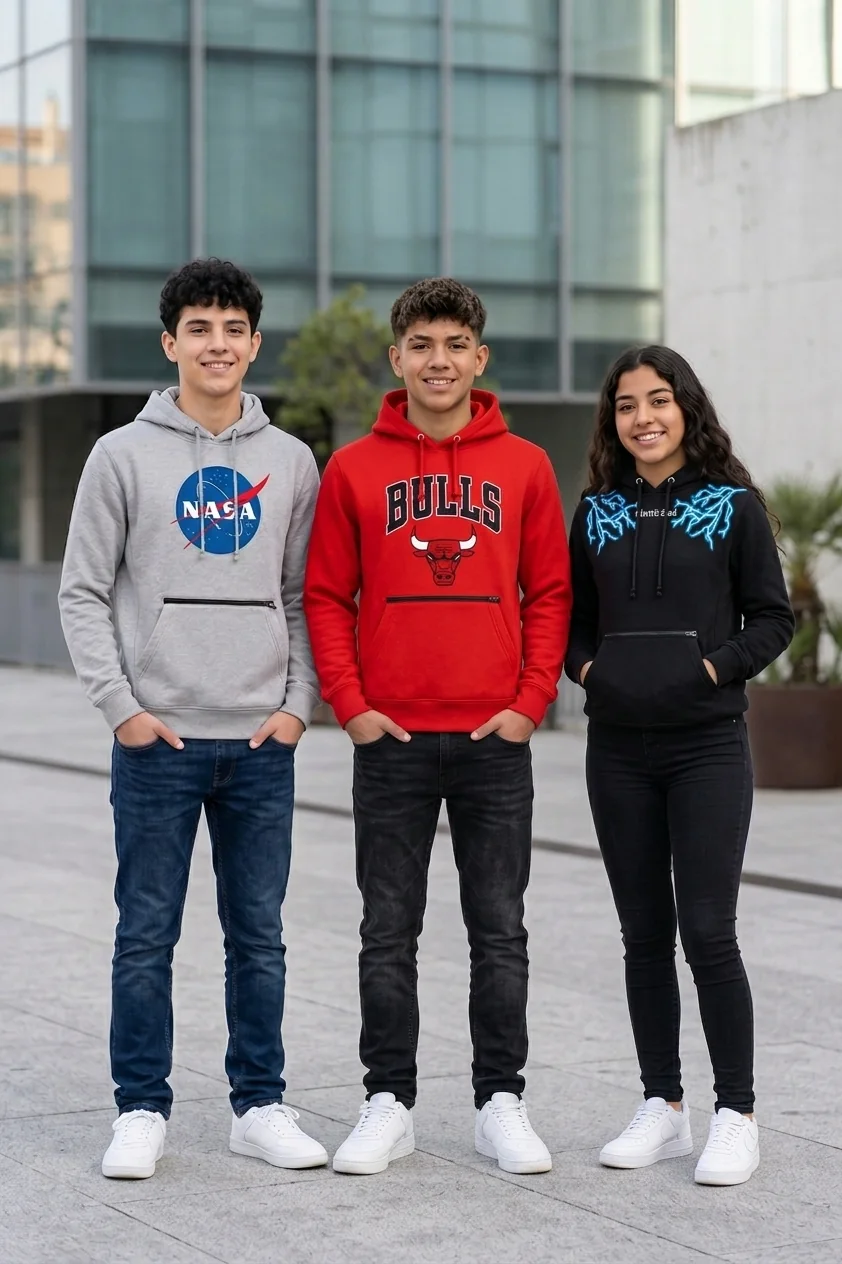Tres jóvenes vistiendo NASA, Bulls y Electric Soul